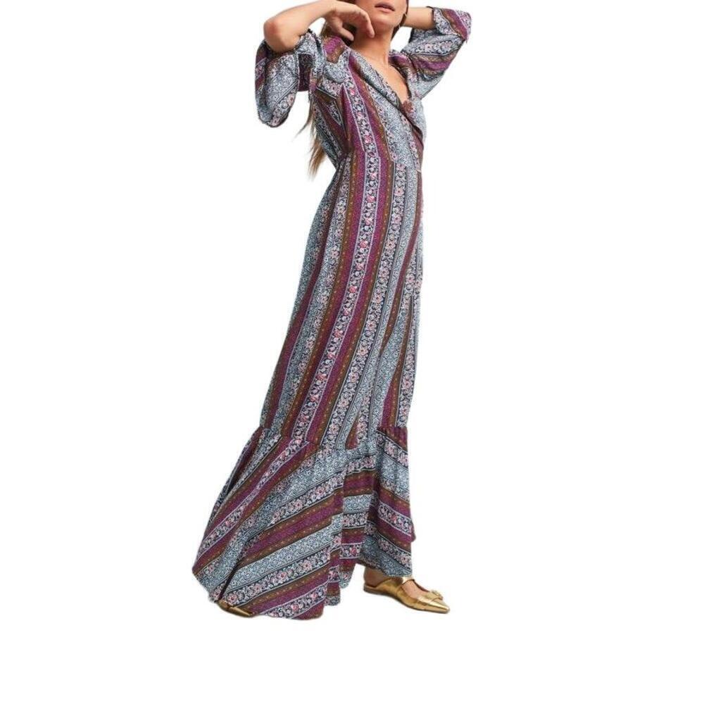 R Vivimos Dress Womens Size M Wrap Maxi Ruffled Bell Sleeves Bohemian Flowy - Picture 1 of 9